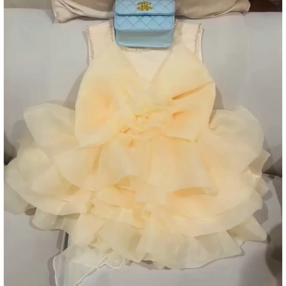 Boutique Flower Girl Dress ChampagneTulle 3DRosette Pearl Accents Formal Wedding - Picture 3 of 10